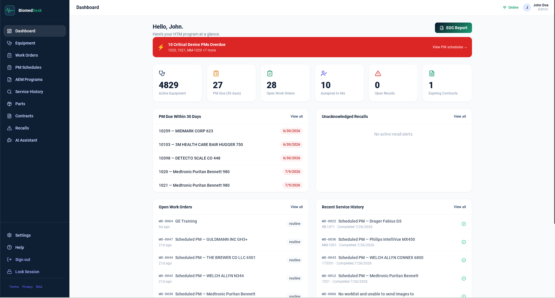 BiomedDesk dashboard — equipment inventory, overdue PM alerts, open work orders, and recent service history