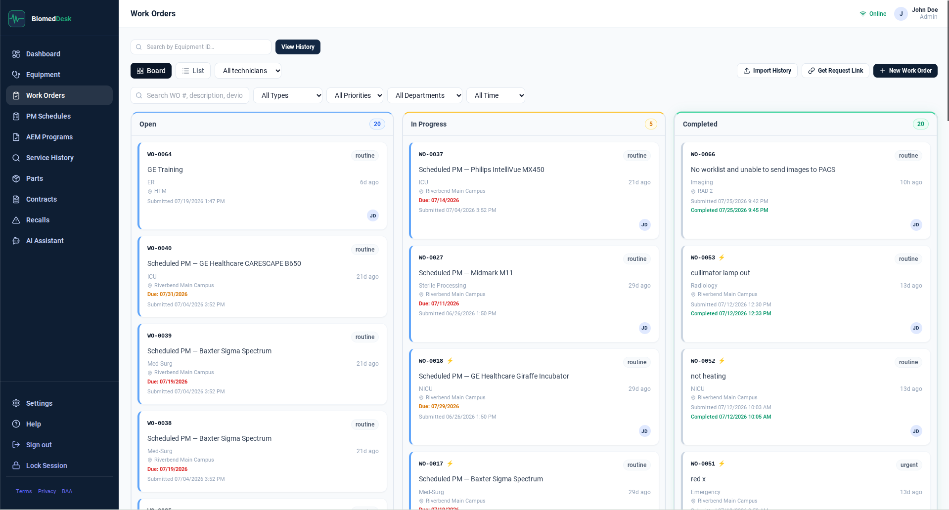 BiomedDesk work order board — Kanban lanes with priority, status, and assigned technicians